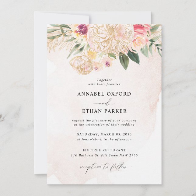 Invitación a la boda Peony y Gold Flowers (Anverso)