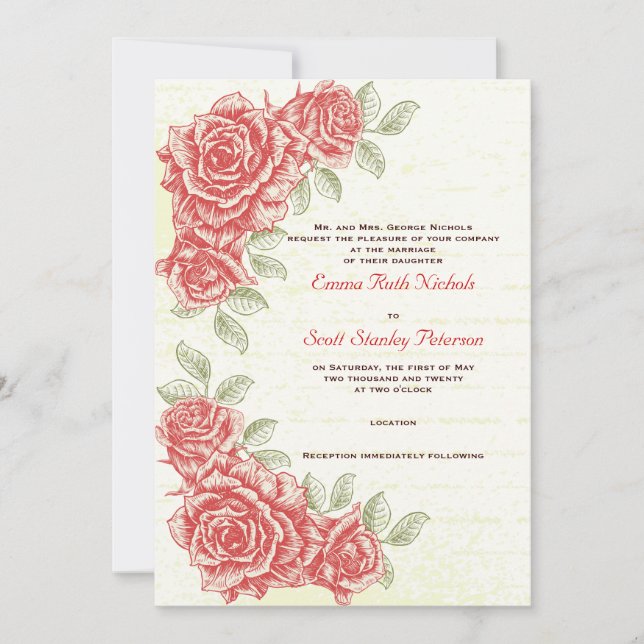 Invitación a la boda personalizada de rosas rojas  (Anverso)