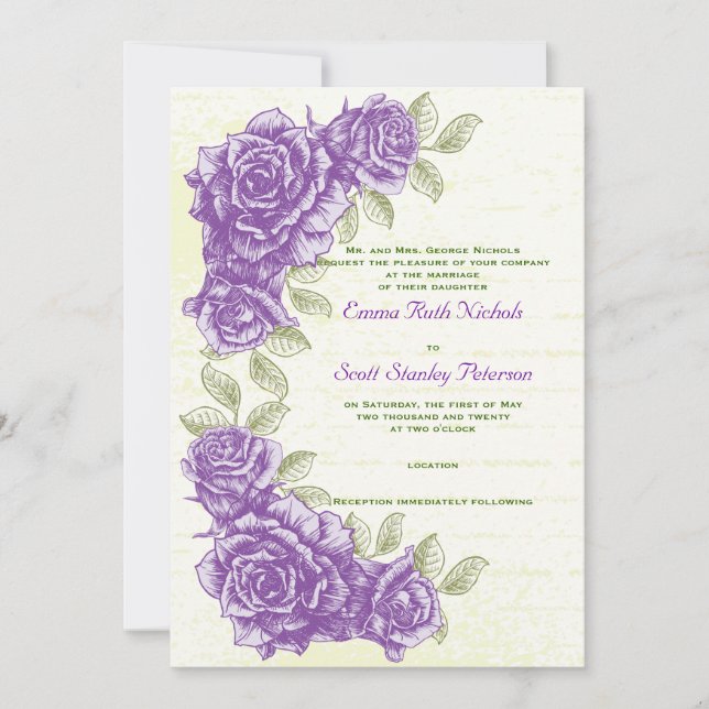 Invitación a la boda personalizada de rosas violet (Anverso)