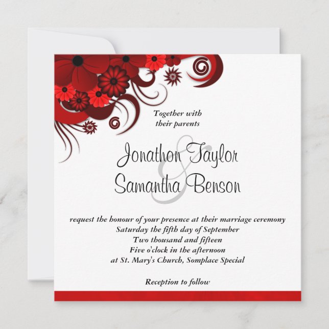 Invitación a la boda personalizada floral roja y b (Anverso)