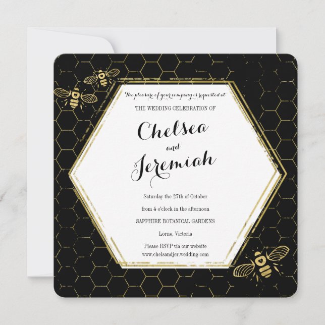 Invitación a la boda personalizada Honey Bee Black (Anverso)