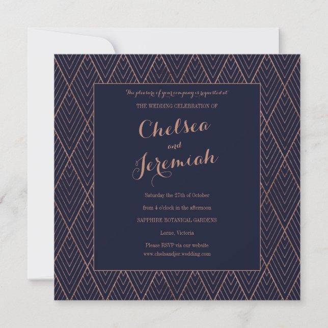 Invitación a la boda personalizada Navy Gold Art D (Anverso)