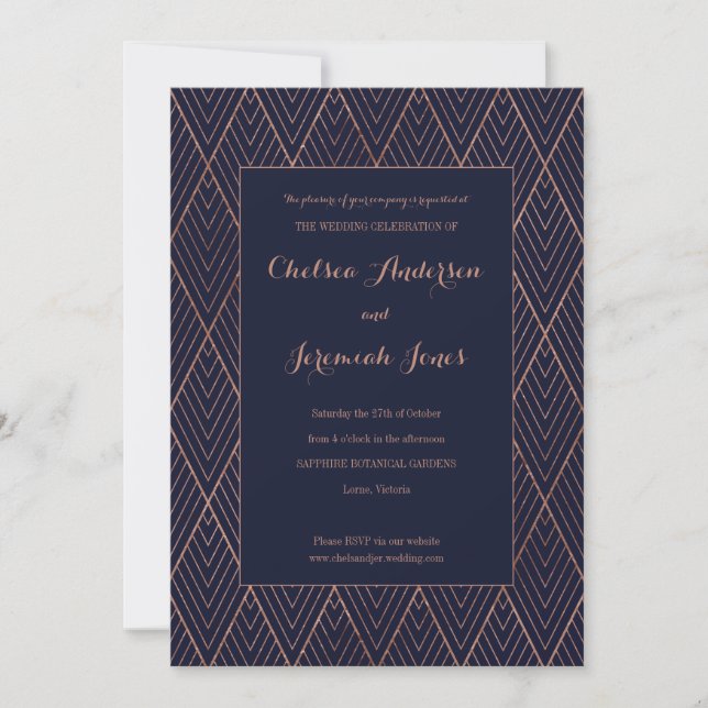 Invitación a la boda personalizada Navy Gold Art D (Anverso)