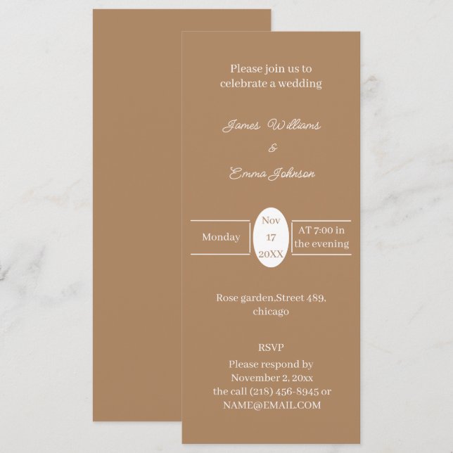 Invitación a la boda personalizada simple en Brown (Anverso / Reverso)