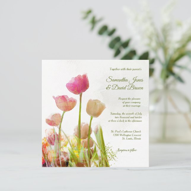 Invitación a la boda personalizada Tulip Watercolo (Anverso de pie)