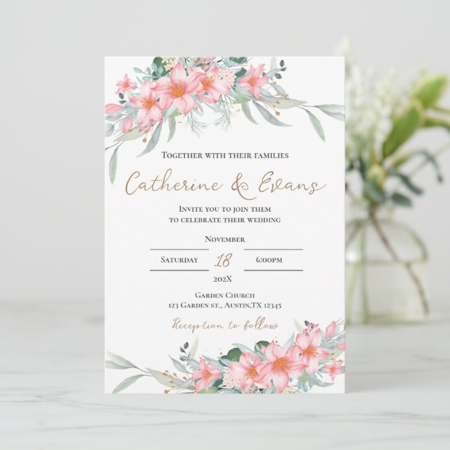 Invitación a la boda pink FLoral (Anverso de pie)