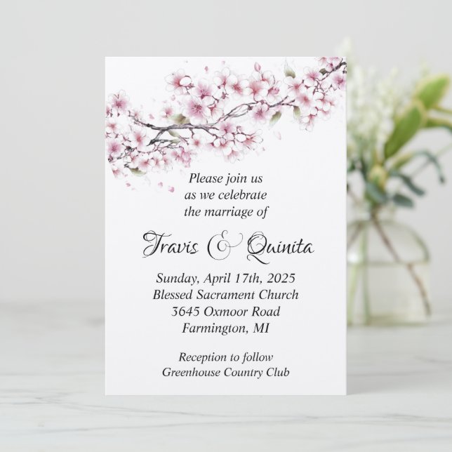 Invitación a la boda plana con flores de cerezo (Anverso de pie)