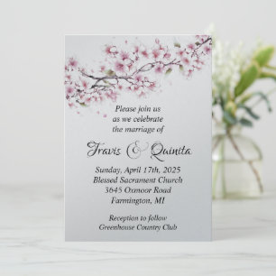 Invitación a la boda plana con flores de cerezo