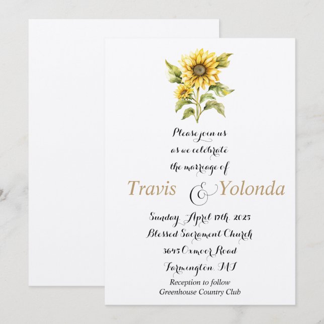 Invitación a la boda plana con girasol (Anverso / Reverso)