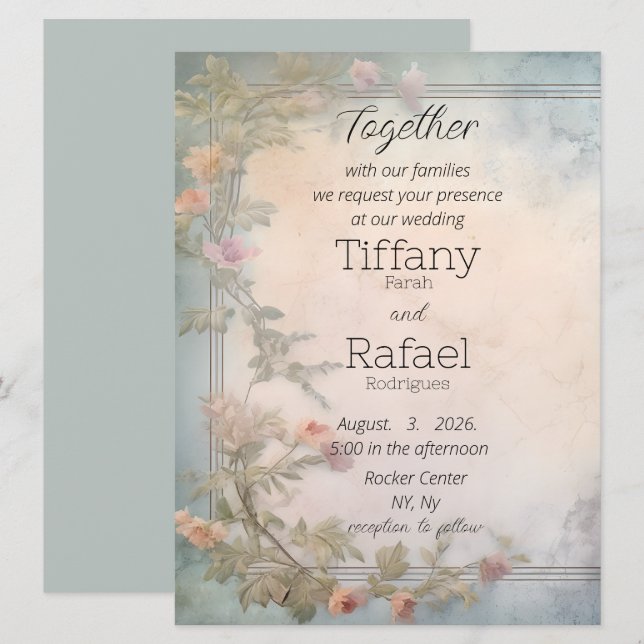Invitación a la boda plana en un jardín fraguado (Anverso / Reverso)