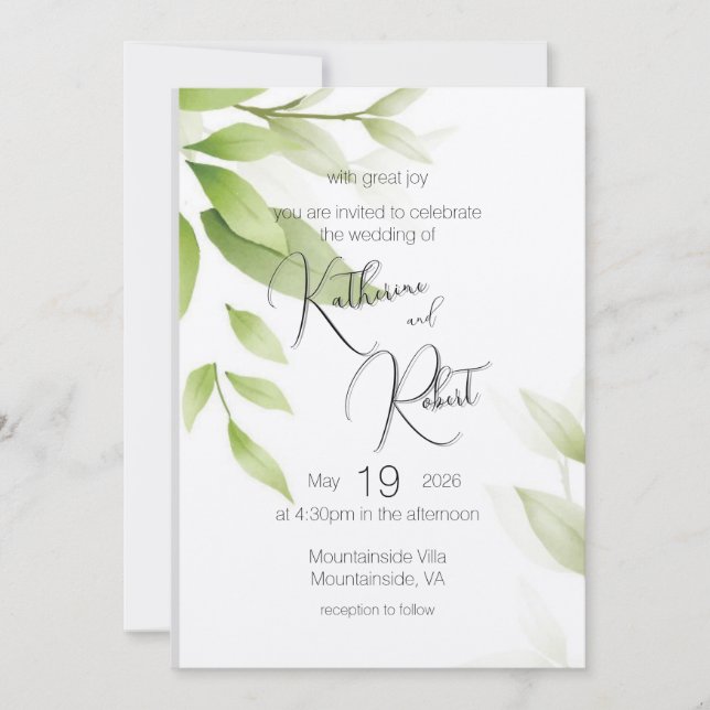 Invitación a la boda plana verde botánica (Anverso)