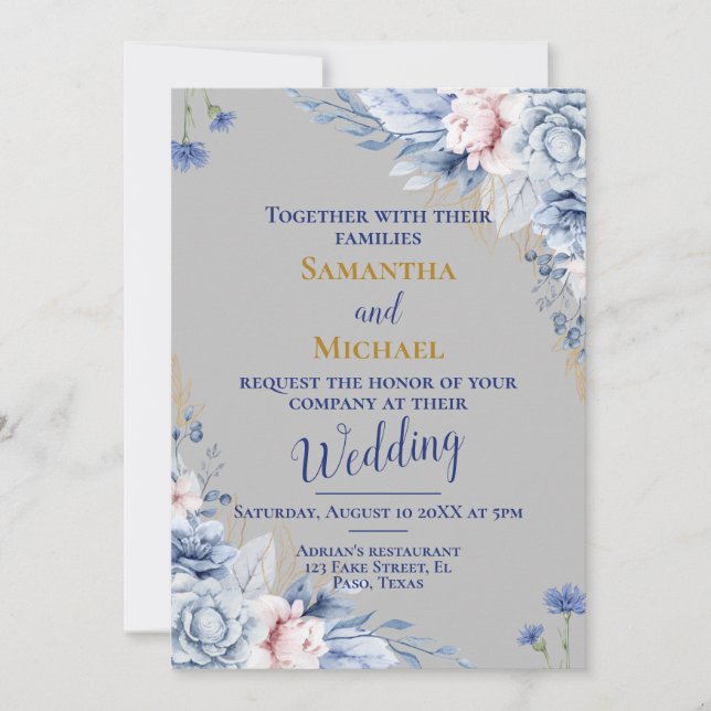 Invitación a la boda: plata, flores, rsvp, QR (Anverso)