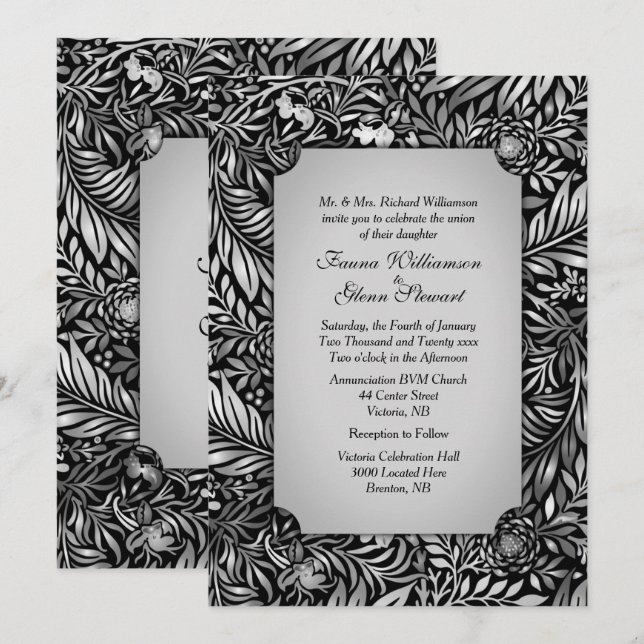 Invitación a la boda plateada Flora y Fauna (Anverso / Reverso)