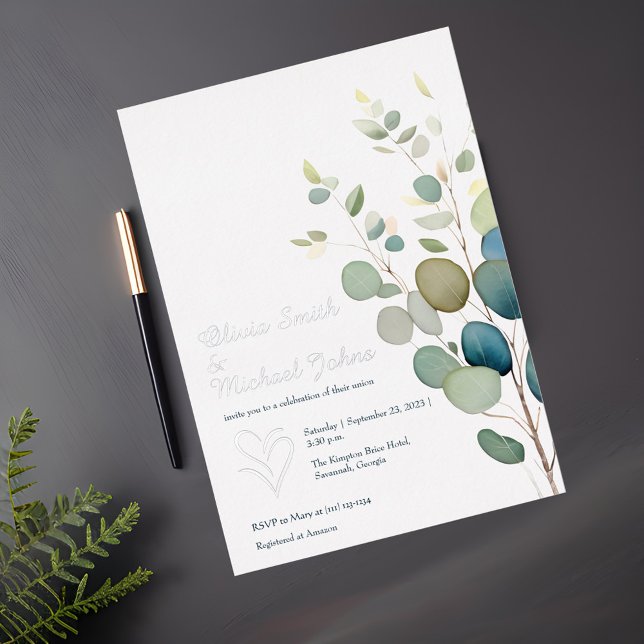 Invitación a la boda plateada por eucalipto verde (Subido por el creador)