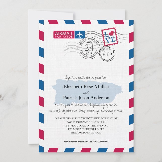 Invitación a la boda por correo aéreo en Puerto Ri (Anverso)