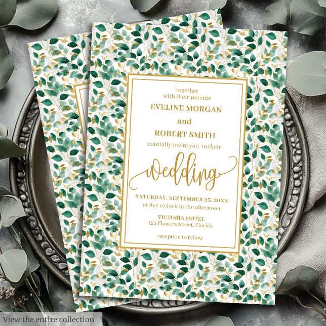 Invitación a la boda por el maravilloso oro verde  (Whimsical Forest Green Gold Leaves Wedding Invitation)