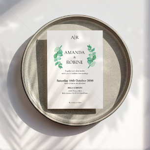 Invitación a la boda por eucalipto de color de agu