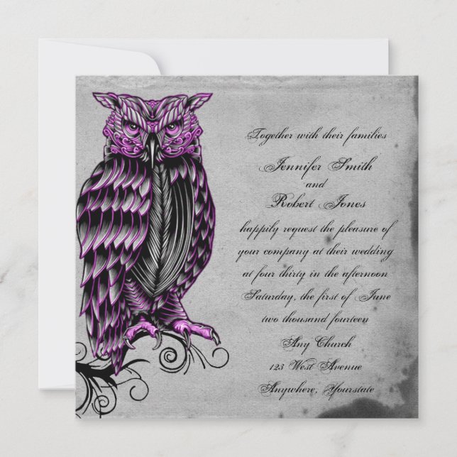 Invitación a la Boda Pura de Lechuza Gótica Morada (Anverso)