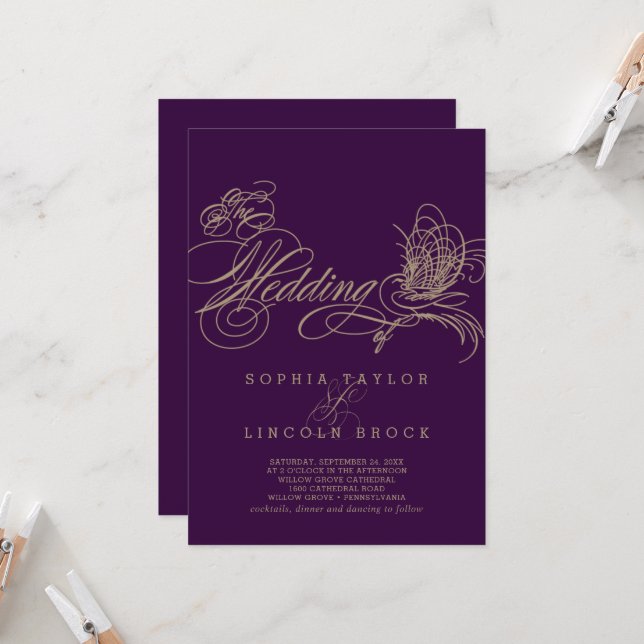 Invitación a la boda Purple Elegant Gold Calligrap (Anverso/Reverso In Situ)