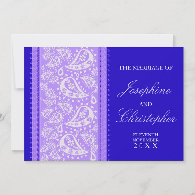 Invitación a la boda púrpura azul paisley (Anverso)