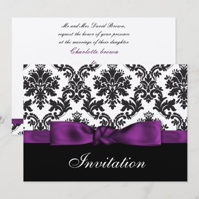 invitación a la boda púrpura de damasco de plata (Anverso / Reverso)