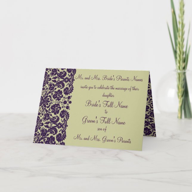 Invitación a la boda púrpura de Damask (Anverso)