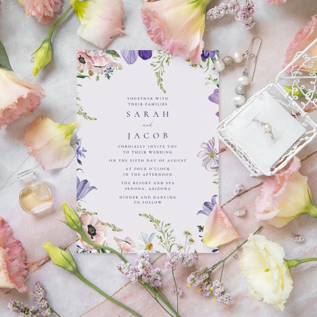 Invitación a la boda púrpura de flores silvestres  (Garden Wildflower Purple Wedding Invitation)