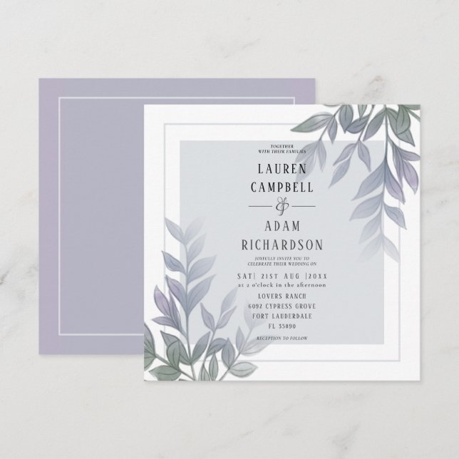 Invitación a la boda púrpura de follaje moderno (Anverso / Reverso)