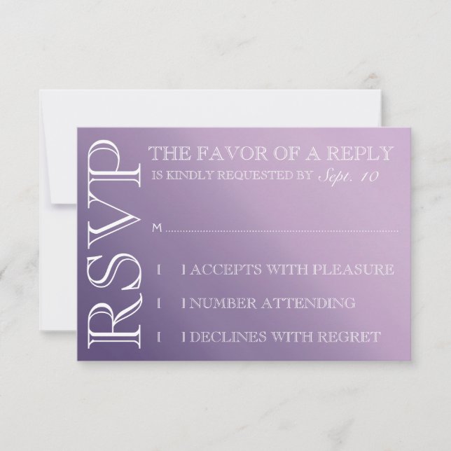Invitación a la boda púrpura de ormbre rsvp (Anverso)