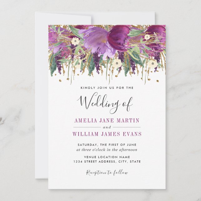 Invitación a la boda púrpura de oro esparcido (Anverso)