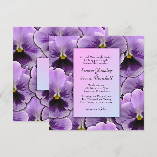 Invitación a la boda púrpura de pansy (Anverso / Reverso)