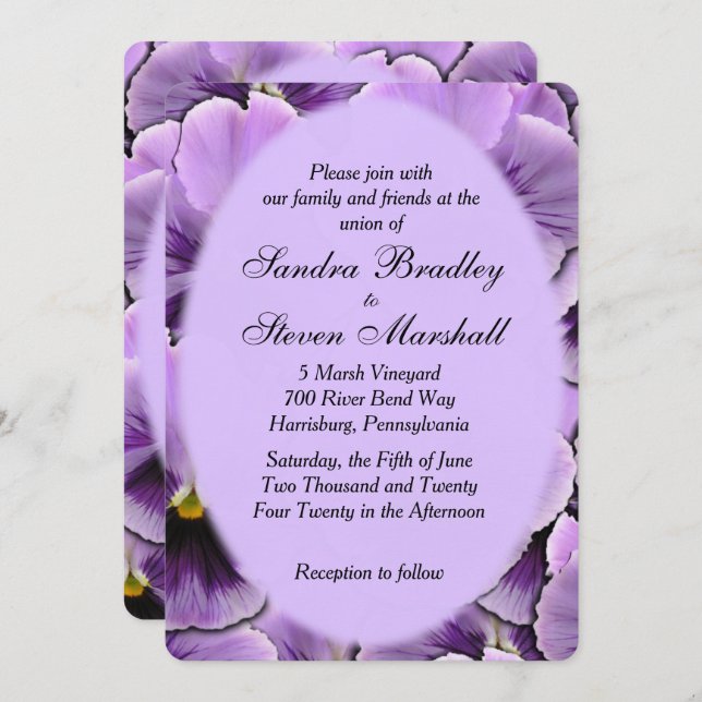 Invitación a la boda púrpura de pansy (Anverso / Reverso)