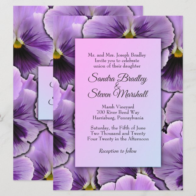 Invitación a la boda púrpura de pansy (Anverso / Reverso)