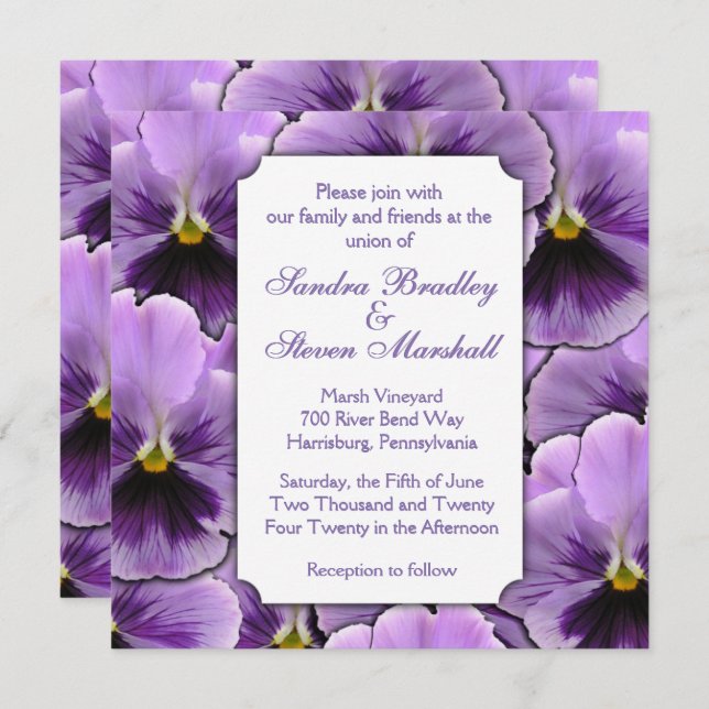 Invitación a la boda púrpura de pansy (Anverso / Reverso)