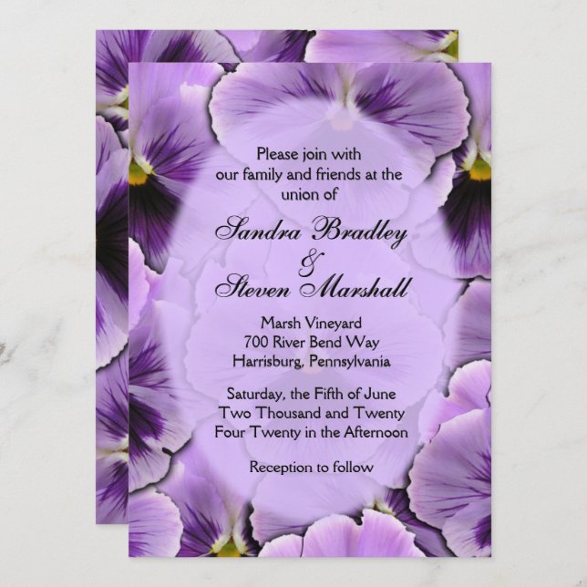 Invitación a la boda púrpura de pansy (Anverso / Reverso)