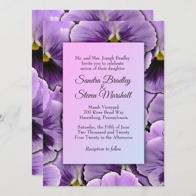 Invitación a la boda púrpura de pansy (Anverso / Reverso)