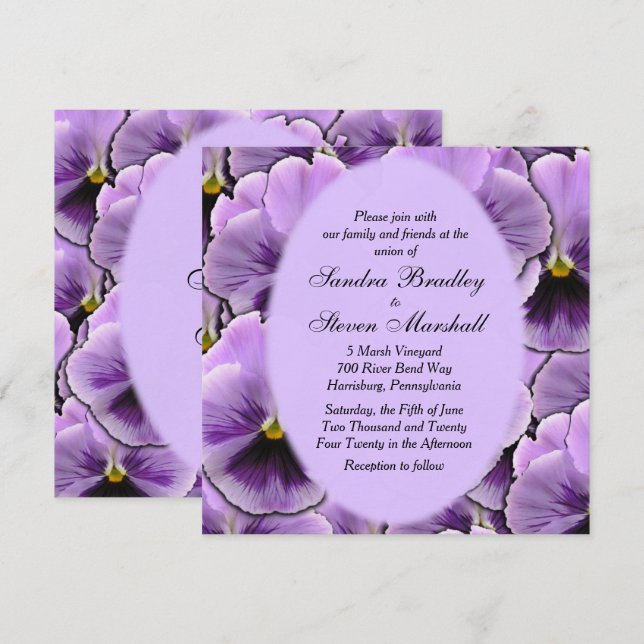 Invitación a la boda púrpura de pansy (Anverso / Reverso)