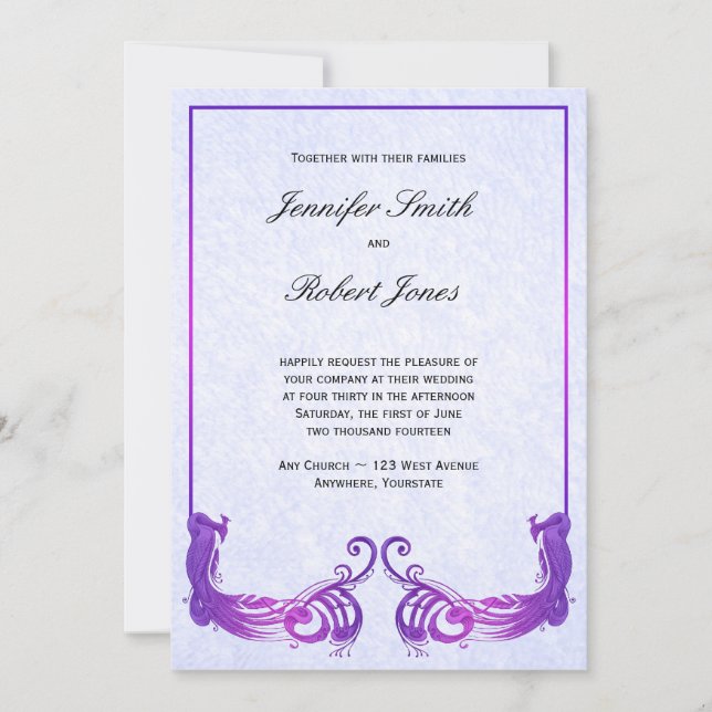 Invitación a la boda púrpura de pavo real (Anverso)