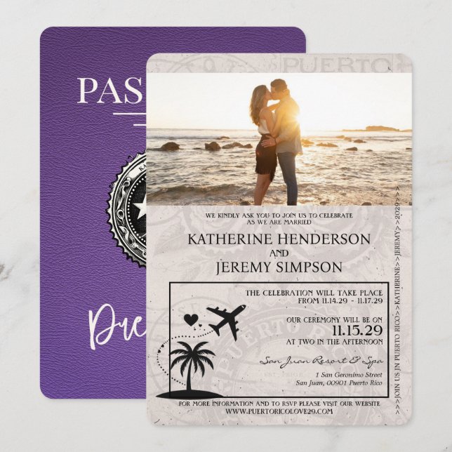 Invitación a la boda púrpura de Puerto Rico (Anverso / Reverso)