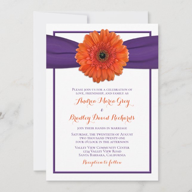 Invitación a la boda púrpura del naranja Gerbera D (Anverso)