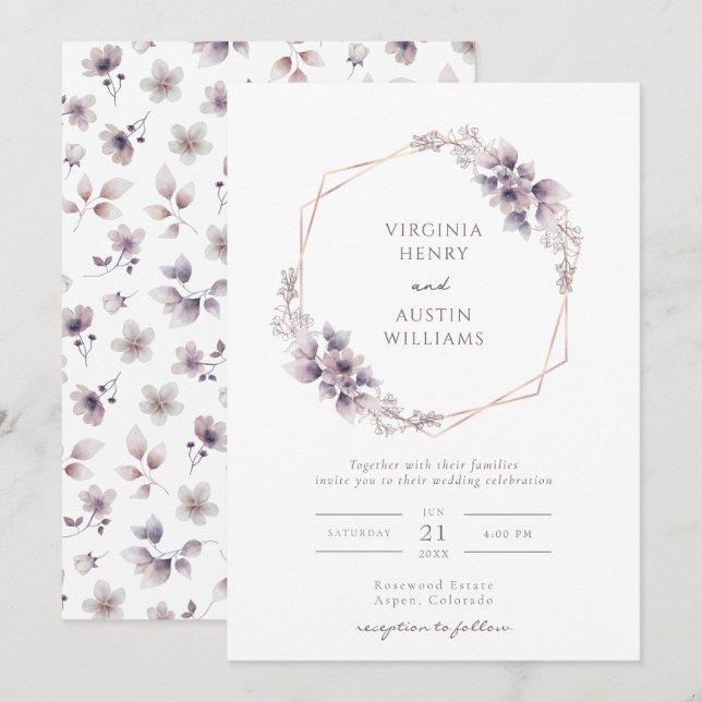 Invitación a la boda púrpura elegante (Anverso / Reverso)