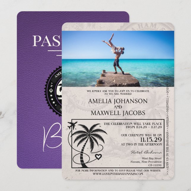 Invitación a la boda púrpura en Bahamas Passport (Anverso / Reverso)