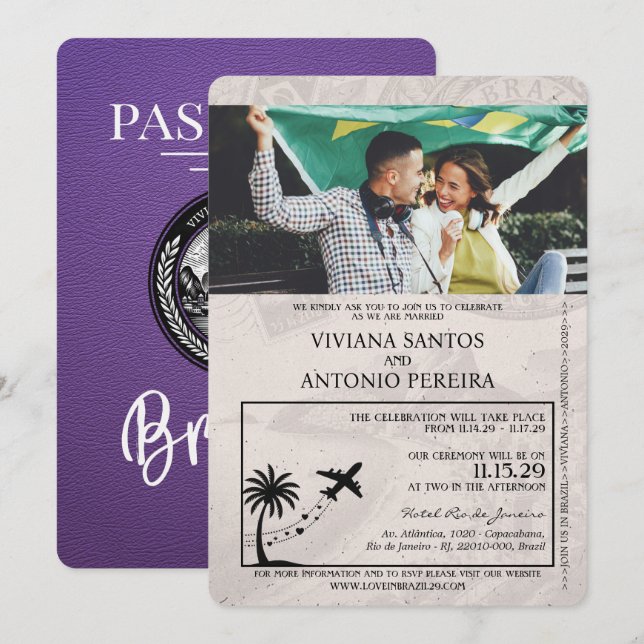 Invitación a la boda púrpura en Brasil (Anverso / Reverso)
