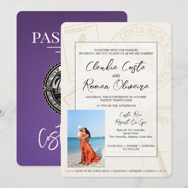 Invitación a la boda púrpura en Costa Rica con pas (Anverso / Reverso)