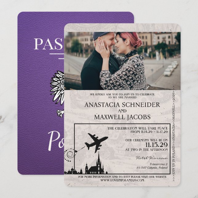 Invitación a la boda púrpura en Polonia (Anverso / Reverso)