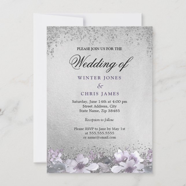 Invitación a la boda púrpura floral de Relieve met (Anverso)