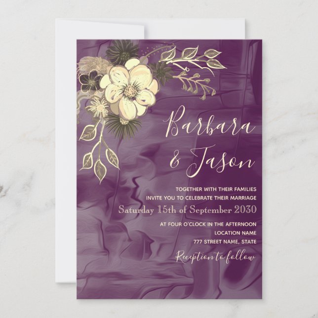 Invitación a la boda púrpura floral rústica (Anverso)