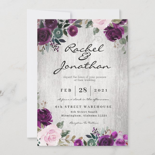 Invitación a la boda púrpura floral rústica (Anverso)
