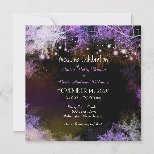 Invitación a la boda púrpura por la noche del bosq (Anverso)