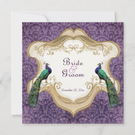 Invitación a la boda púrpura real de pavo real